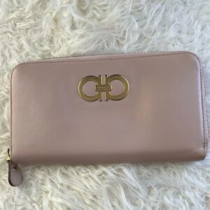 Salvatore Ferragamo Blush Pink Gancini Zip Wallet with Gold Hardware